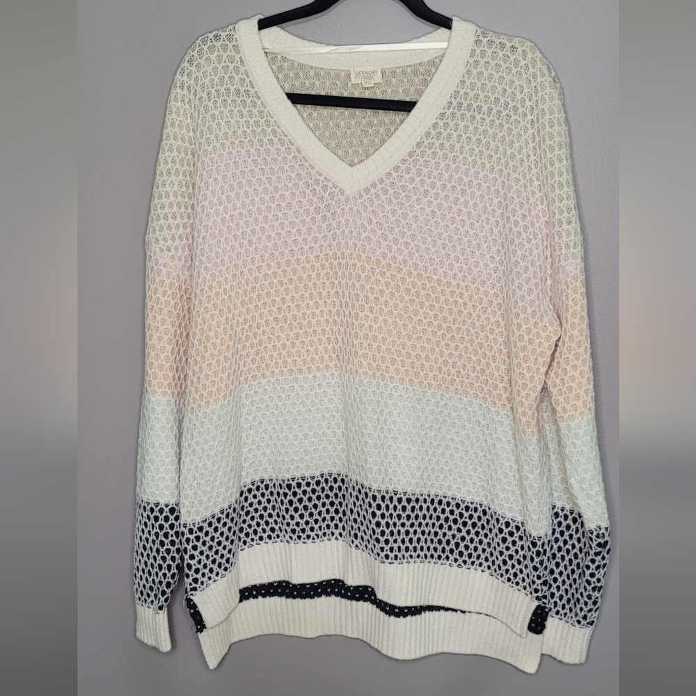 Greige Pastel Striped Textured V-Neck Sweater Slouchy Cozy XL